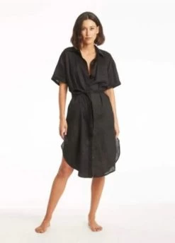 Sea Level-Resort Linen Wrap Cover Up Shirt Dress
