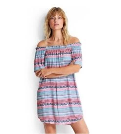 Seafolly-Blue Bazaar Stripe Off Shoulder Dress